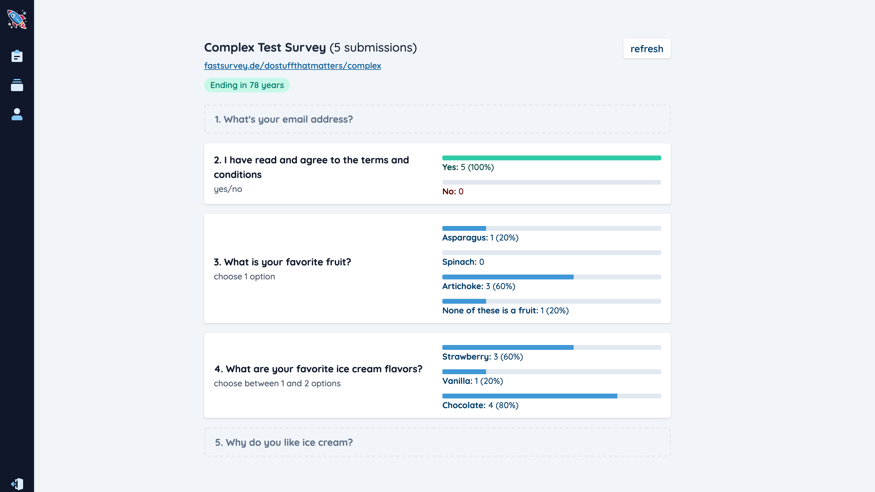 project image: There is a results summary. Option, Radio and Selection field can be aggregated (all votes counted together). In a few weeks we will also launch a raw data download, where users can download all individual submissions of their surveys. We will probably offer JSON, CSV and PARQUET.